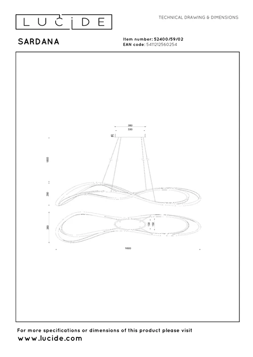 Lucide SARDANA - Hanglamp - LED Dimb. - 1x54W 2700K - Mat Goud / Messing | Premium - technisch